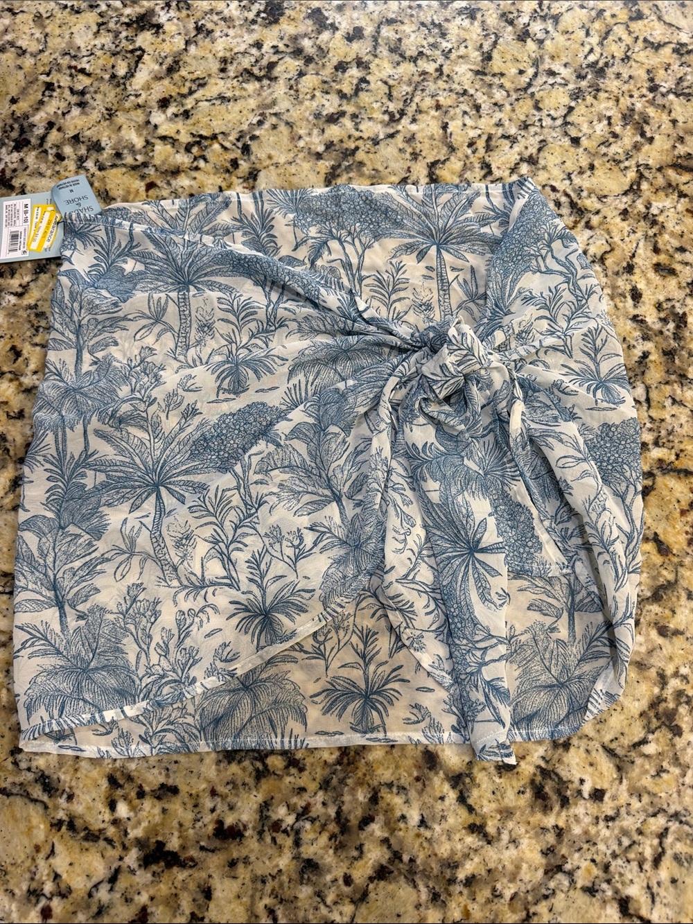 Shade & Shore Cream and Blue Botanical Tie Wrap Swim Coverup